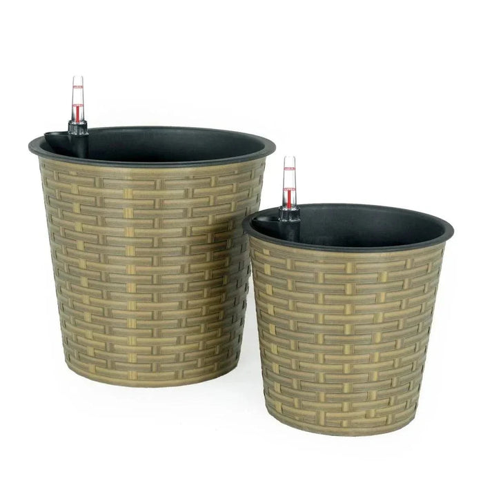 2-Pack Catleza Self-watering Wicker Decor Planter for Indoor and Outdoor - Round Gray -DTYStore