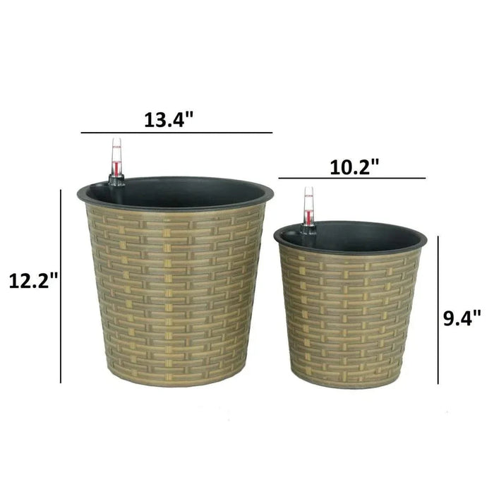 2-Pack Catleza Self-watering Wicker Decor Planter for Indoor and Outdoor - Round Gray -DTYStore