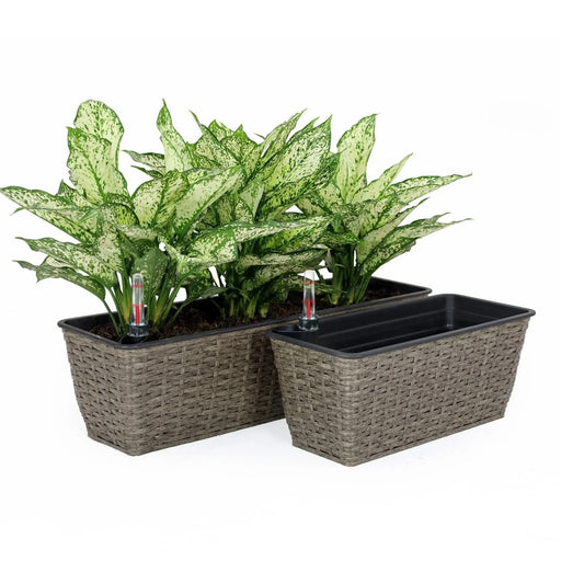 2-Pack Self-watering Planter - Hand Woven Wicker - Rectangular - Dark Gray Default -DTYStore
