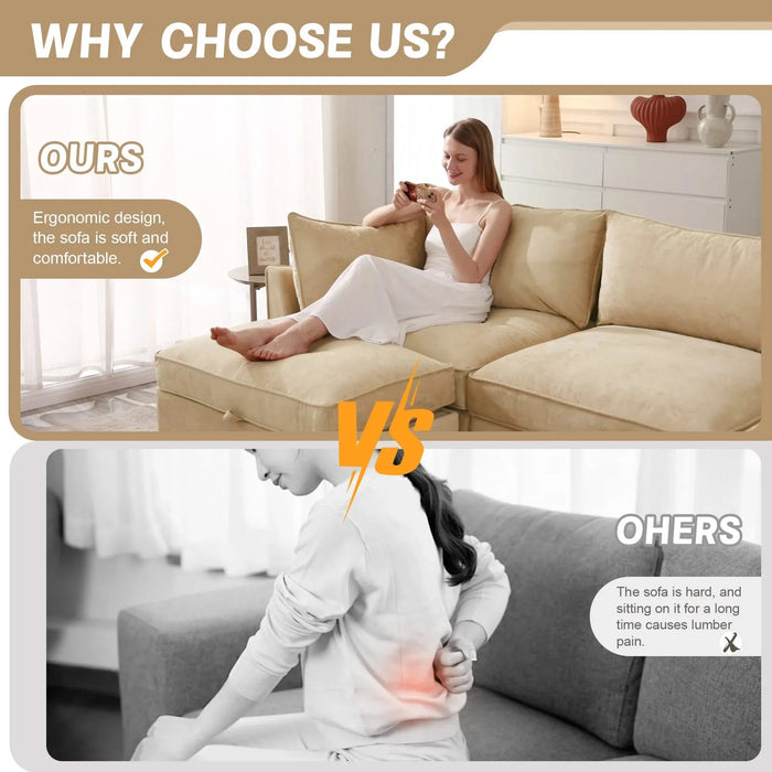 2-seater sofa with 2 footstools, each seat has a pull-out storage drawer underneath, a 2-seater sofa with 2 movable storage footstools, chenille fabric, wheat colour. Default -DTYStore