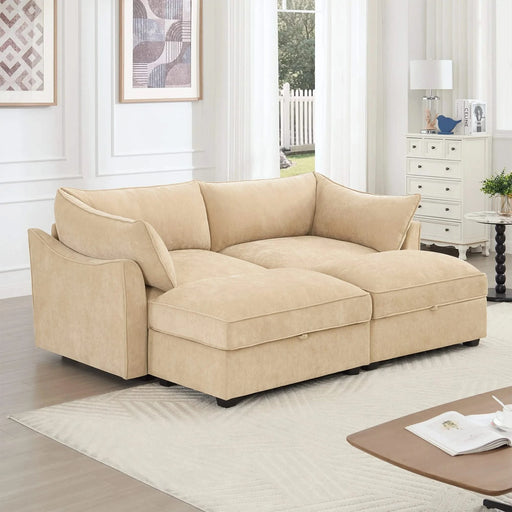 2-seater sofa with 2 footstools, each seat has a pull-out storage drawer underneath, a 2-seater sofa with 2 movable storage footstools, chenille fabric, wheat colour. Default -DTYStore