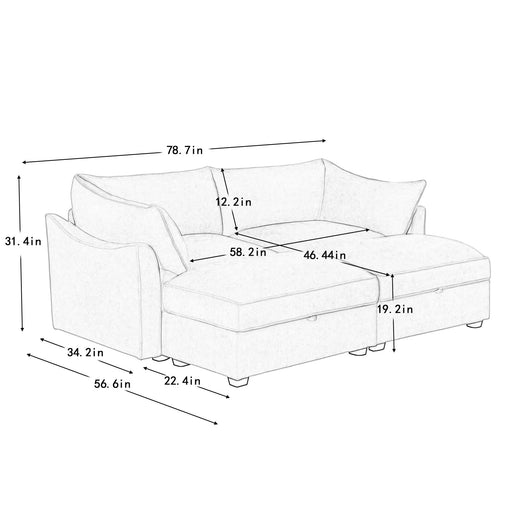 2-seater sofa with 2 footstools, each seat has a pull-out storage drawer underneath, a 2-seater sofa with 2 movable storage footstools, chenille fabric, wheat colour. Default -DTYStore
