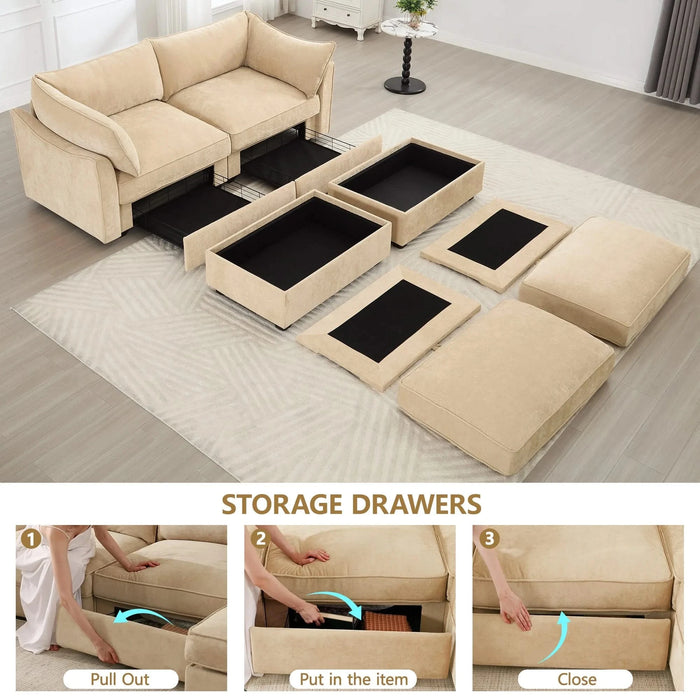 2-seater sofa with 2 footstools, each seat has a pull-out storage drawer underneath, a 2-seater sofa with 2 movable storage footstools, chenille fabric, wheat colour. Default -DTYStore