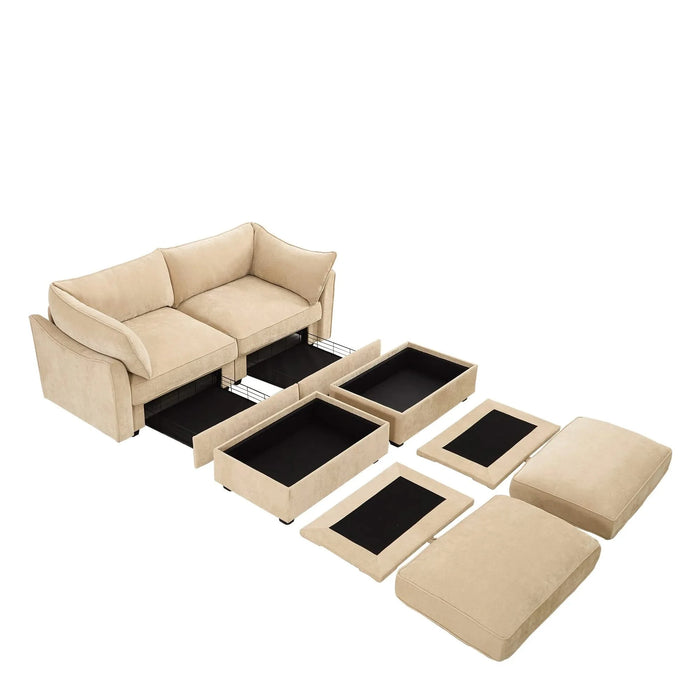 2-seater sofa with 2 footstools, each seat has a pull-out storage drawer underneath, a 2-seater sofa with 2 movable storage footstools, chenille fabric, wheat colour. Default -DTYStore