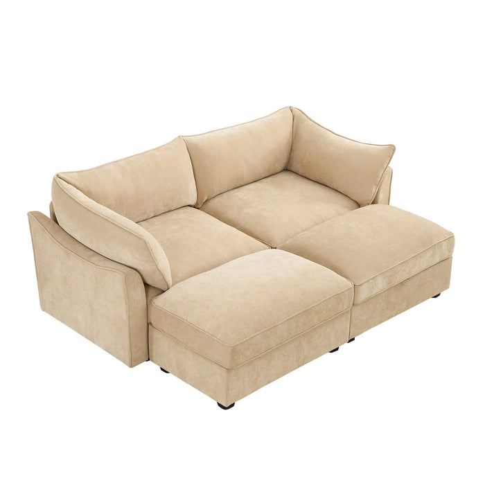 2-seater sofa with 2 footstools, each seat has a pull-out storage drawer underneath, a 2-seater sofa with 2 movable storage footstools, chenille fabric, wheat colour. Default -DTYStore