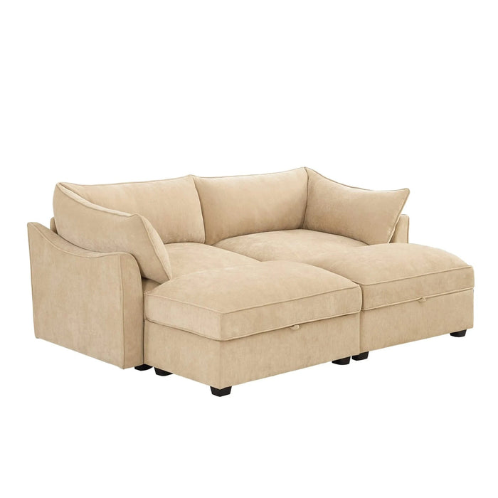 2-seater sofa with 2 footstools, each seat has a pull-out storage drawer underneath, a 2-seater sofa with 2 movable storage footstools, chenille fabric, wheat colour. Default -DTYStore