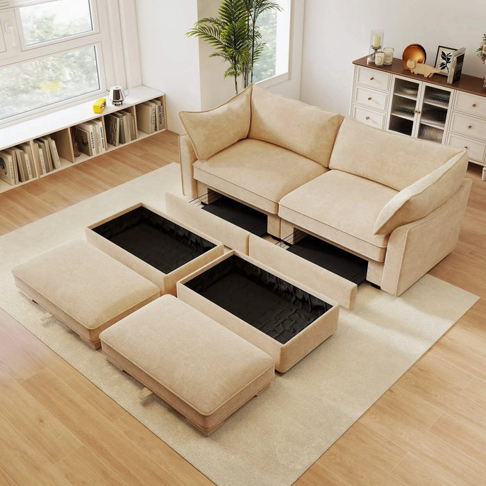 2-seater sofa with 2 footstools, each seat has a pull-out storage drawer underneath, a 2-seater sofa with 2 movable storage footstools, chenille fabric, wheat colour. Default -DTYStore