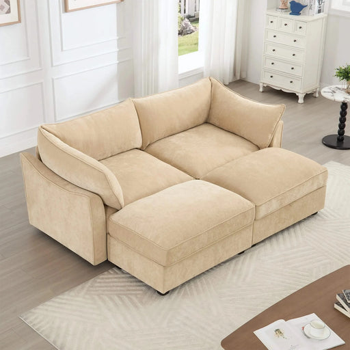 2-seater sofa with 2 footstools, each seat has a pull-out storage drawer underneath, a 2-seater sofa with 2 movable storage footstools, chenille fabric, wheat colour. Default -DTYStore