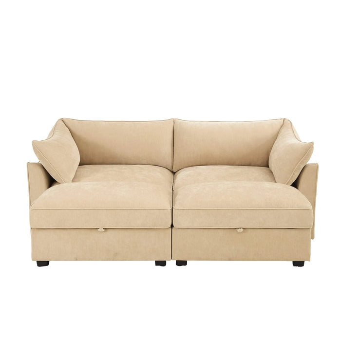 2-seater sofa with 2 footstools, each seat has a pull-out storage drawer underneath, a 2-seater sofa with 2 movable storage footstools, chenille fabric, wheat colour. Default -DTYStore
