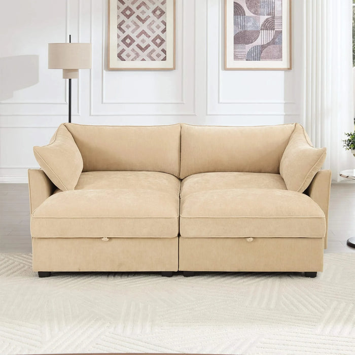2-seater sofa with 2 footstools, each seat has a pull-out storage drawer underneath, a 2-seater sofa with 2 movable storage footstools, chenille fabric, wheat colour. Default -DTYStore