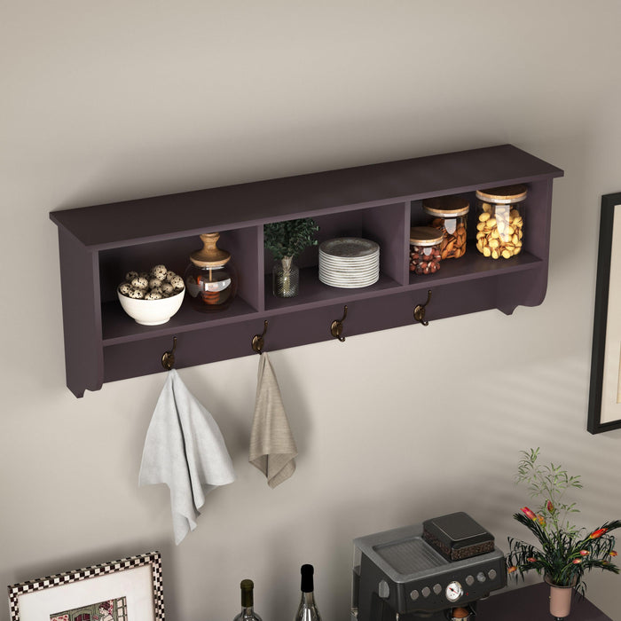 Espresso Entryway Wall Mounted Coat Rack with 4 Dual Hooks Living Room Wooden Storage Shelf - DTYStore