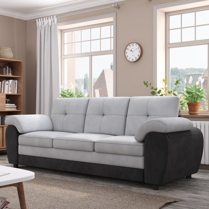 81.9″ Large size Three Seat Sofa,Modern Upholstered,Black leather paired with light gray velvet