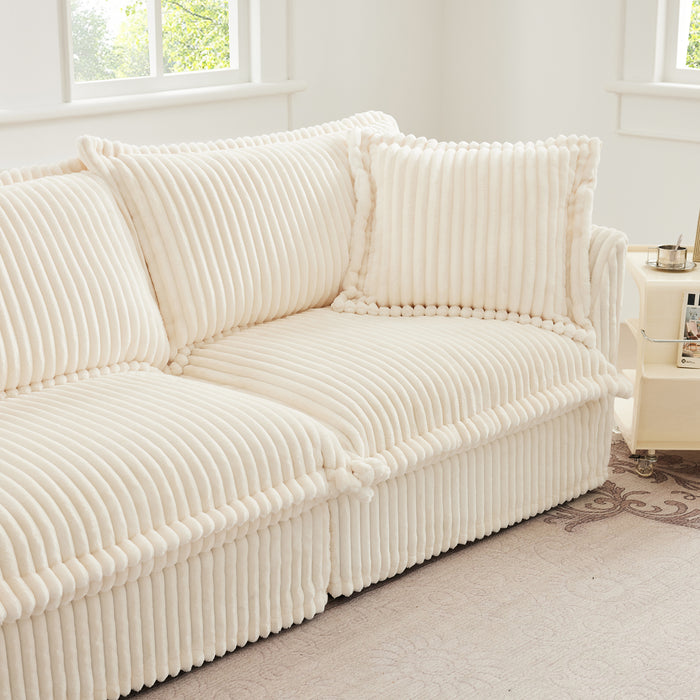 Slipcovered Sectional 2 Seater Sofa Couch with Convertible Ottoman, Wide and Deep Seat L Shaped Sofa with Detachable Cover and Soft Multiple Big Pillows,Cream Corduroy Fabric