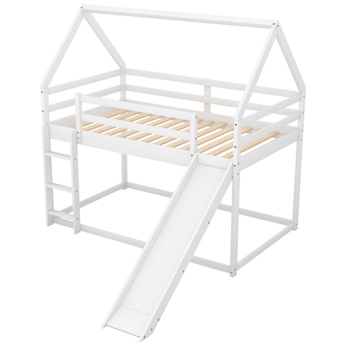 Twin Size Bunk House Bed with Slide and Ladder,White - DTYStore
