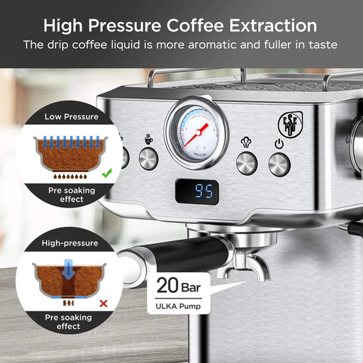 20 Bar Professional Espresso Machine with Milk Frother, Single & Double Shot, ESE Pod Compatible, Visual Temperature and Pressure Display, Removable Water Tank for Cappuccino, Latte, & Macchiato Default -DTYStore