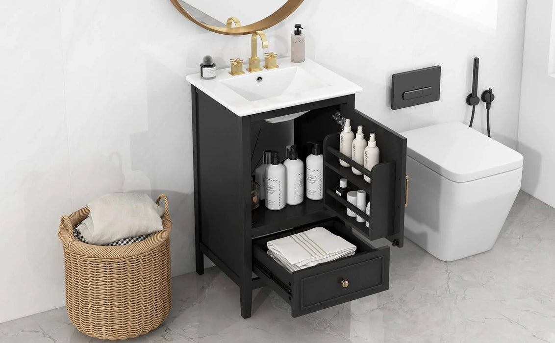 20' Bathroom Vanity with Sink, Bathroom Cabinet with A Door, Door Shelf Storage and Adiustable Foot Pads, A Drawer, Black Default -DTYStore