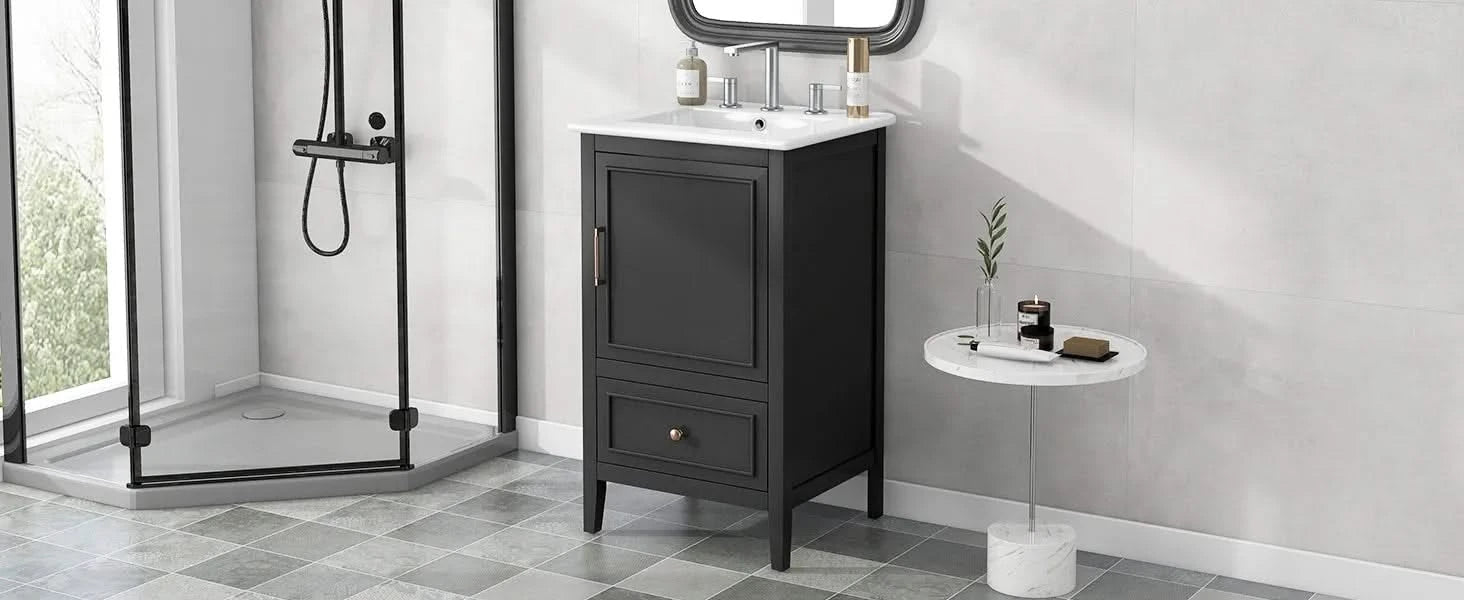 20' Bathroom Vanity with Sink, Bathroom Cabinet with A Door, Door Shelf Storage and Adiustable Foot Pads, A Drawer, Black Default -DTYStore