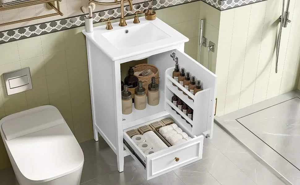 20' Bathroom Vanity with Sink, Bathroom Cabinet with A Door, Door Shelf Storage and Adiustable Foot Pads, A Drawer, White Default -DTYStore