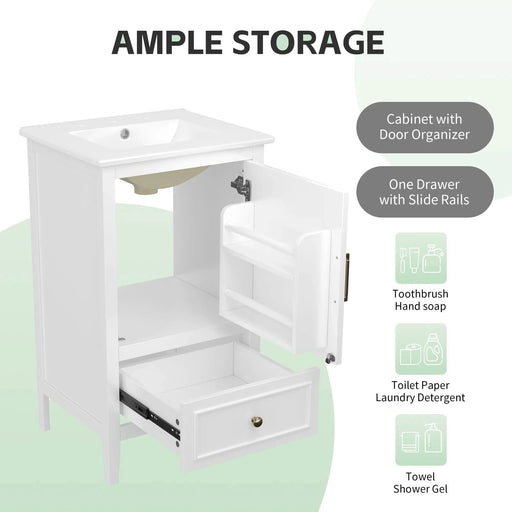 20' Bathroom Vanity with Sink, Bathroom Cabinet with A Door, Door Shelf Storage and Adiustable Foot Pads, A Drawer, White Default -DTYStore