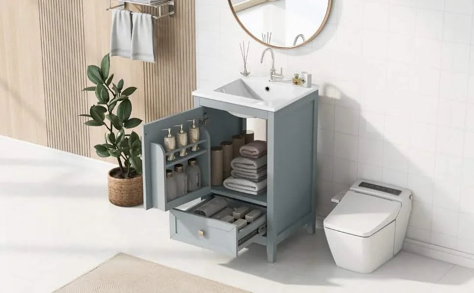 20' Bathroom Vanity with Sink, Bathroom Cabinet with Soft Closing Door, Storage Rack and A Drawer, Grey Default -DTYStore