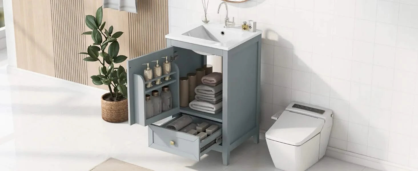 20' Bathroom Vanity with Sink, Bathroom Cabinet with Soft Closing Door, Storage Rack and A Drawer, Grey Default -DTYStore