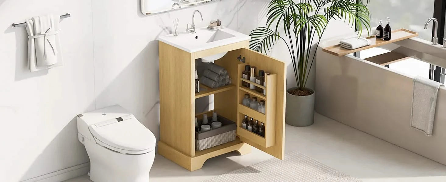 20' Bathroom Vanity with Sink, Bathroom Cabinet with Soft Closing Door, Storage Rack and Adjustable Shelve, Natural Wood Default -DTYStore