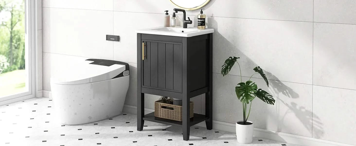 20' Bathroom Vanity with Sink, Bathroom Cabinet with Soft Closing Door, Storage Rack and Open Shelf, Black Default -DTYStore