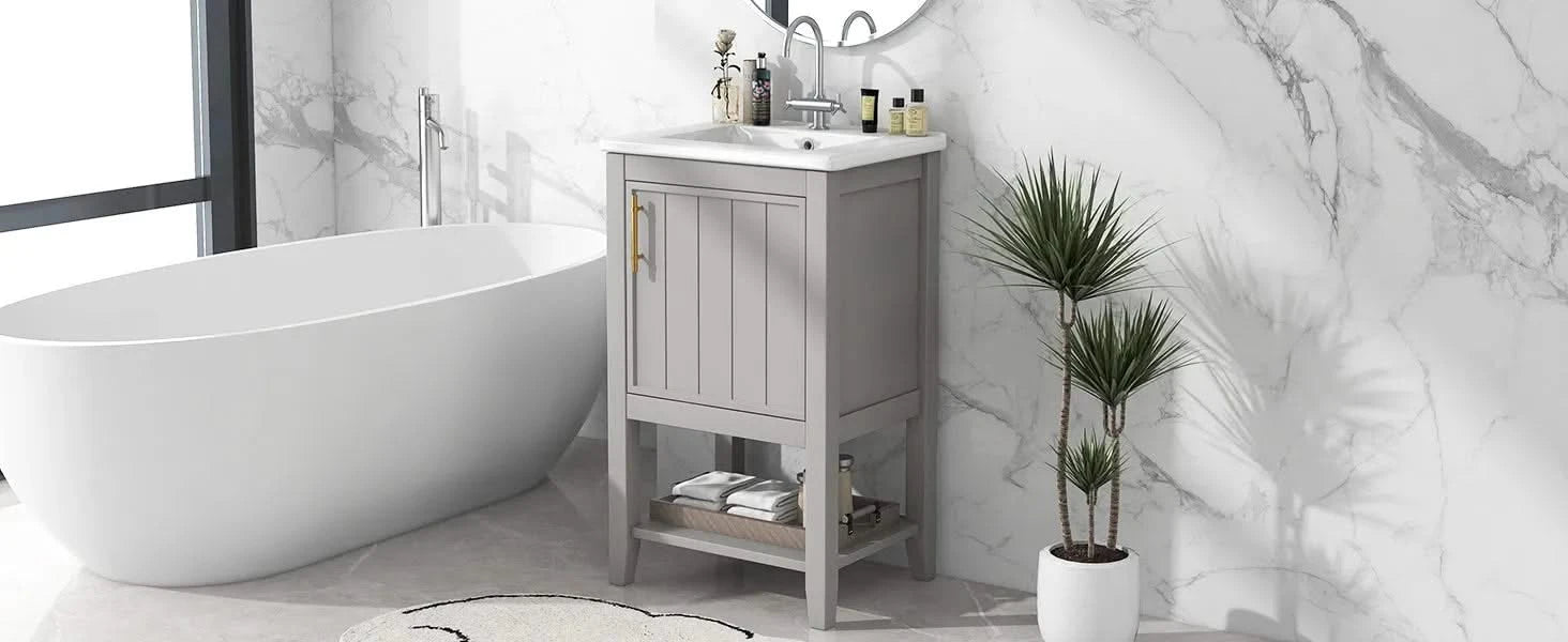 20' Bathroom Vanity with Sink, Bathroom Cabinet with Soft Closing Door, Storage Rack and Open Shelf, Grey(Old SKU:WF308492AAE) Default -DTYStore