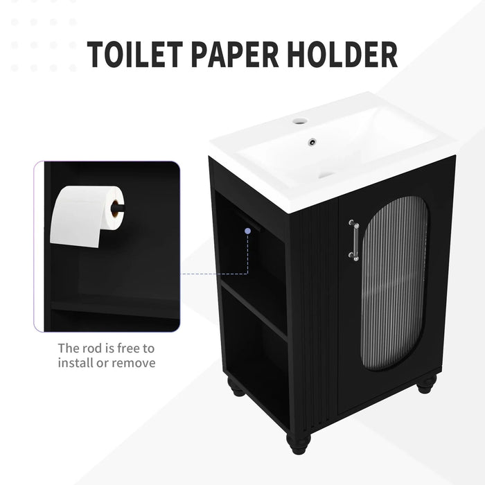 20' Bathroom Vanity with Sink, Bathroom Vanity Cabinet with Two-tier Shelf, Adjustable Shelf, Solid Wood and MDF, Black Default -DTYStore