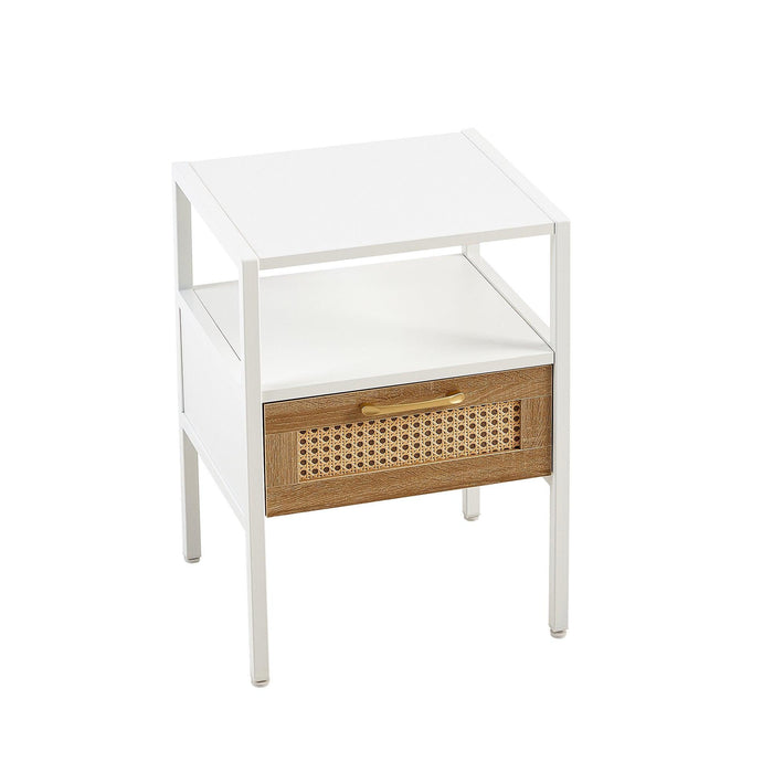 15.75" Rattan End table with drawer, Modern nightstand, metal legs,side table for living room, bedroom,white(1 pc) - DTYStore