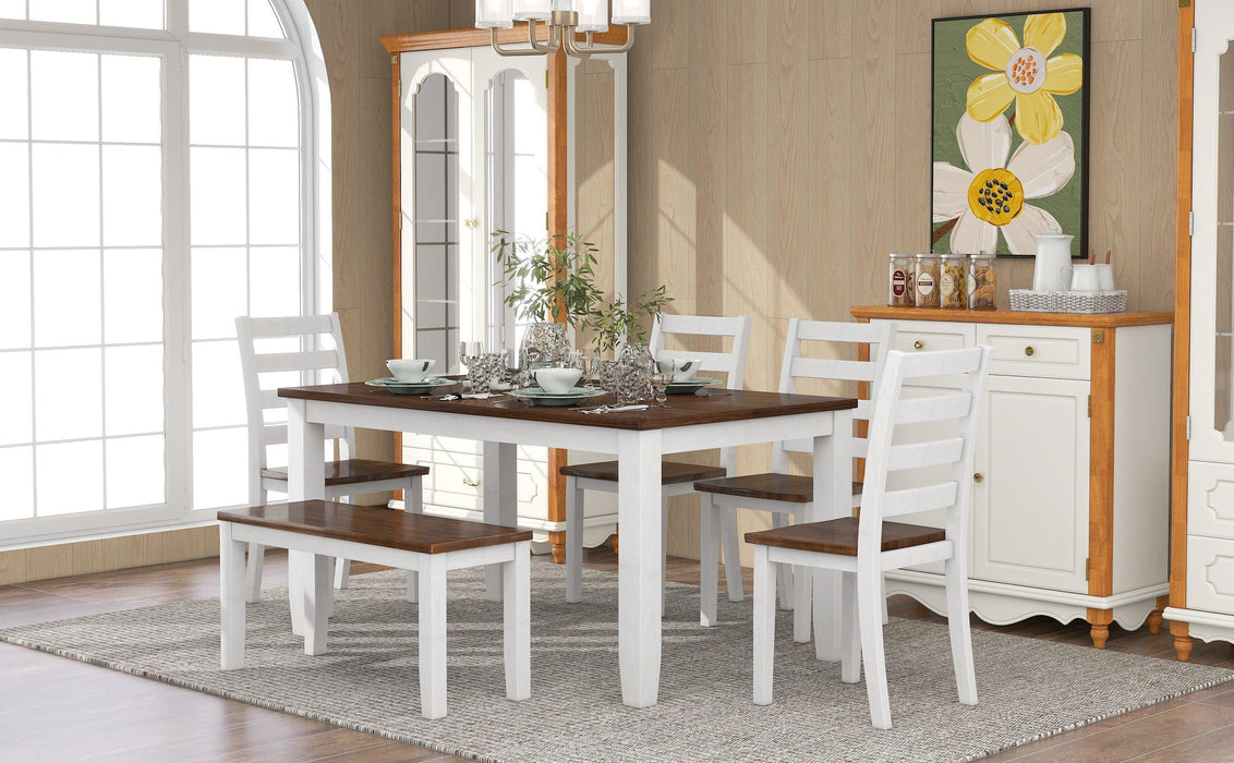 Rustic Style 6-Piece Dining Room Table Set with 4 Ergonomic Designed Chairs & a Bench (Walnut + Cottage White) - DTYStore