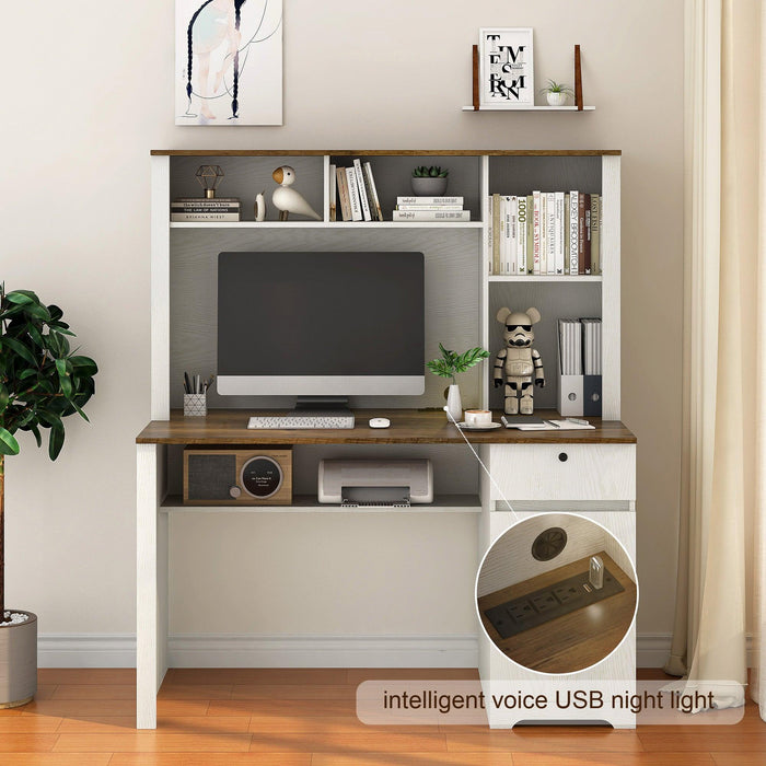 Computer Desk with Hutch & Bookshelf,Wood Executive Desk Teens Student Desk Writing Laptop Home Office Desk with Drawers,3 AC Outlets and 2 USB Charging Ports,Study Laptop Table for Home - DTYStore