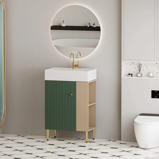 21.6' Open-shelving Bathroom Vanity with Ceramic Sink Soft-Closing Door, Cloakroom Open Shelf Storage Cabinet on the Right Side, Assembly Required, Green 24VB06-21LVR ***CONTACT SELLER FOR STOCK*** Default -DTYStore