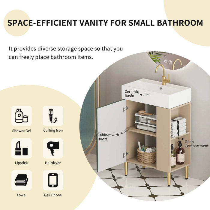 21.6' Open-shelving Bathroom Vanity with Ceramic Sink Soft-Closing Door, Cloakroom Open Shelf Storage Cabinet on the Right Side, Assembly Required, Green 24VB06-21LVR ***CONTACT SELLER FOR STOCK*** Default -DTYStore