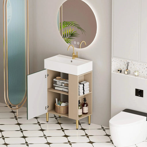 21.6' Open-shelving Bathroom Vanity with Ceramic Sink Soft-Closing Door, Cloakroom Open Shelf Storage Cabinet on the Right Side, Assembly Required, Green 24VB06-21LVR ***CONTACT SELLER FOR STOCK*** Default -DTYStore