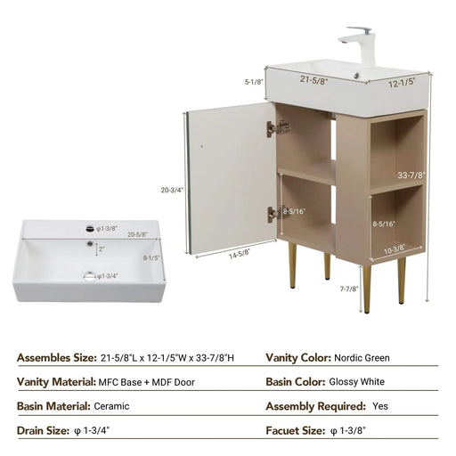 21.6' Open-shelving Bathroom Vanity with Ceramic Sink Soft-Closing Door, Cloakroom Open Shelf Storage Cabinet on the Right Side, Assembly Required, Green 24VB06-21LVR ***CONTACT SELLER FOR STOCK*** Default -DTYStore