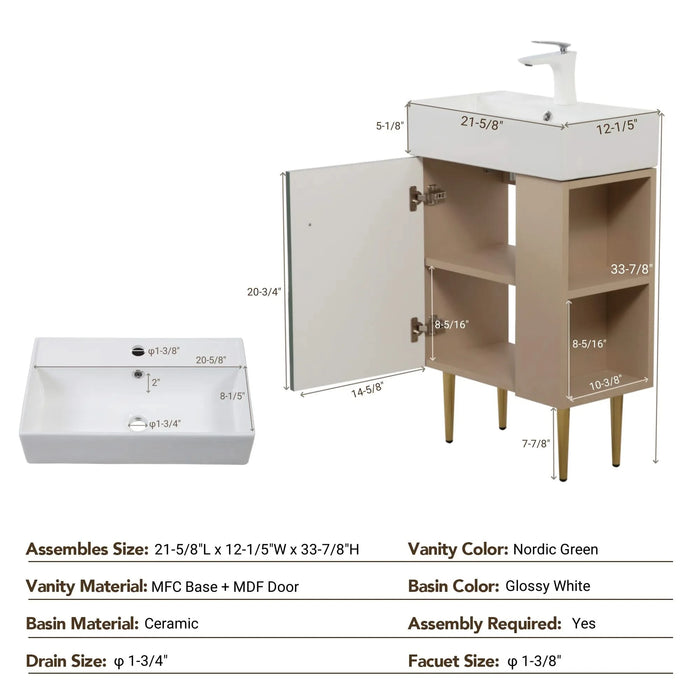21.6' Open-shelving Bathroom Vanity with Ceramic Sink Soft-Closing Door, Cloakroom Open Shelf Storage Cabinet on the Right Side, Assembly Required, Green 24VB06-21LVR ***CONTACT SELLER FOR STOCK*** Default -DTYStore