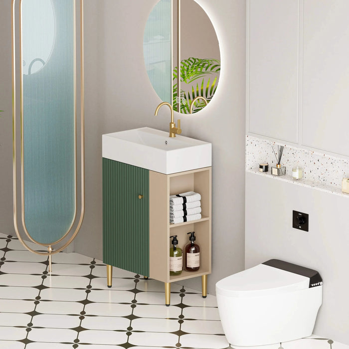 21.6' Open-shelving Bathroom Vanity with Ceramic Sink Soft-Closing Door, Cloakroom Open Shelf Storage Cabinet on the Right Side, Assembly Required, Green 24VB06-21LVR ***CONTACT SELLER FOR STOCK*** Default -DTYStore