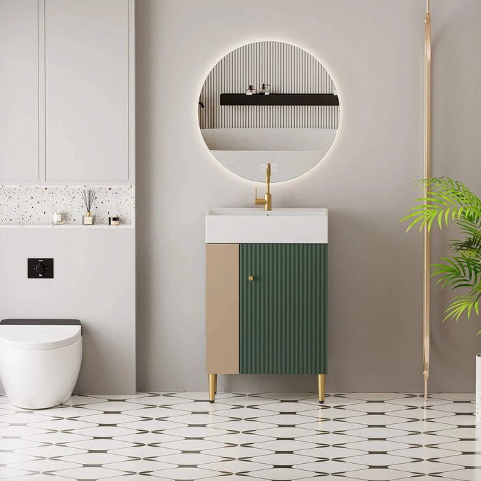 21.6' Open-shelving Bathroom Vanity with Ceramic Sink and Soft-Closing Door, Cloakroom Open Shelf Storage Cabinet on the Left Side, Assembly Required, Green 24VB06-21LVL***CONTACT SELLER FOR STOCK*** Default -DTYStore