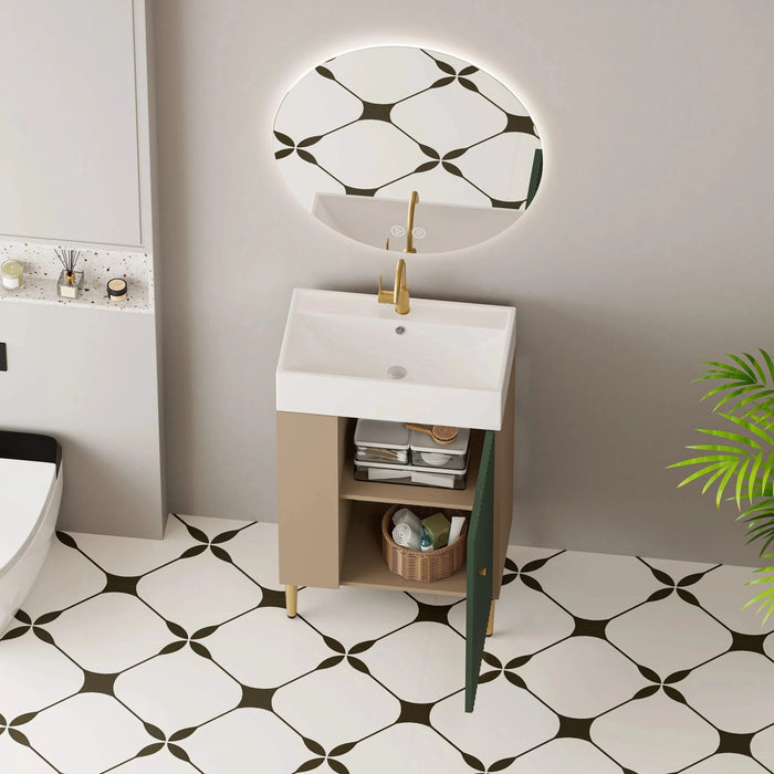 21.6' Open-shelving Bathroom Vanity with Ceramic Sink and Soft-Closing Door, Cloakroom Open Shelf Storage Cabinet on the Left Side, Assembly Required, Green 24VB06-21LVL***CONTACT SELLER FOR STOCK*** Default -DTYStore