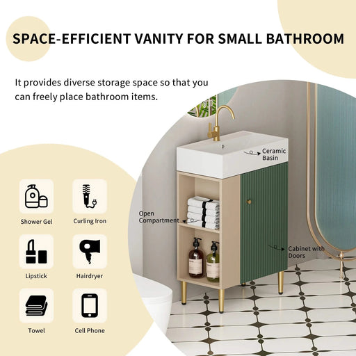 21.6' Open-shelving Bathroom Vanity with Ceramic Sink and Soft-Closing Door, Cloakroom Open Shelf Storage Cabinet on the Left Side, Assembly Required, Green 24VB06-21LVL***CONTACT SELLER FOR STOCK*** Default -DTYStore