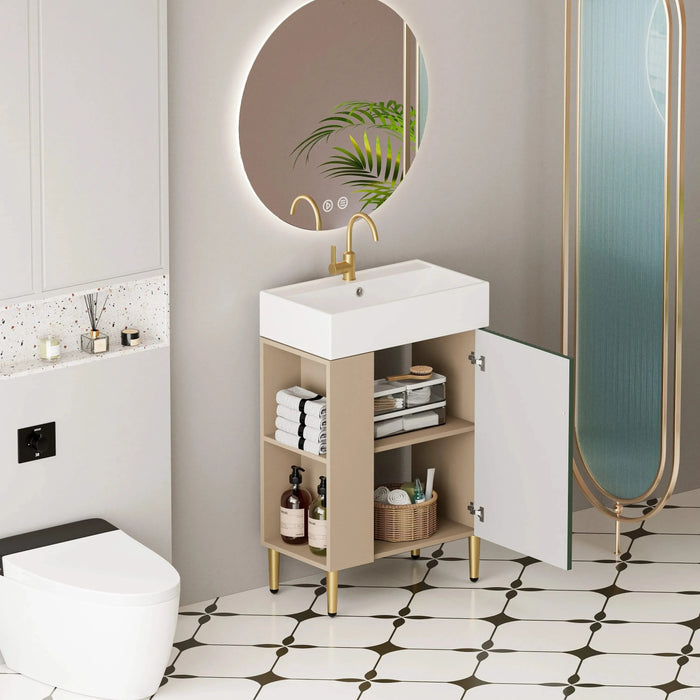 21.6' Open-shelving Bathroom Vanity with Ceramic Sink and Soft-Closing Door, Cloakroom Open Shelf Storage Cabinet on the Left Side, Assembly Required, Green 24VB06-21LVL***CONTACT SELLER FOR STOCK*** Default -DTYStore