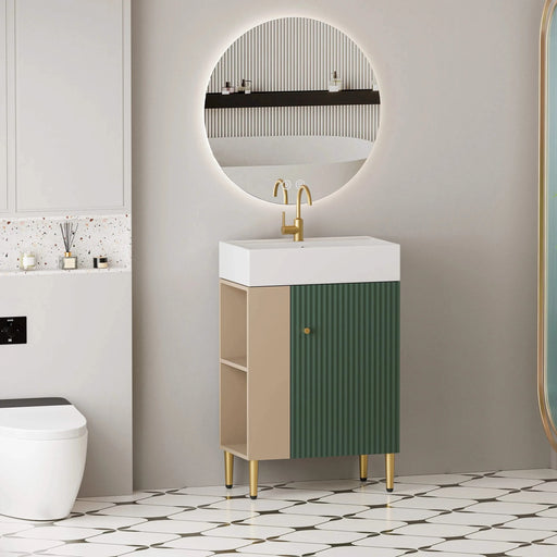 21.6' Open-shelving Bathroom Vanity with Ceramic Sink and Soft-Closing Door, Cloakroom Open Shelf Storage Cabinet on the Left Side, Assembly Required, Green 24VB06-21LVL***CONTACT SELLER FOR STOCK*** Default -DTYStore