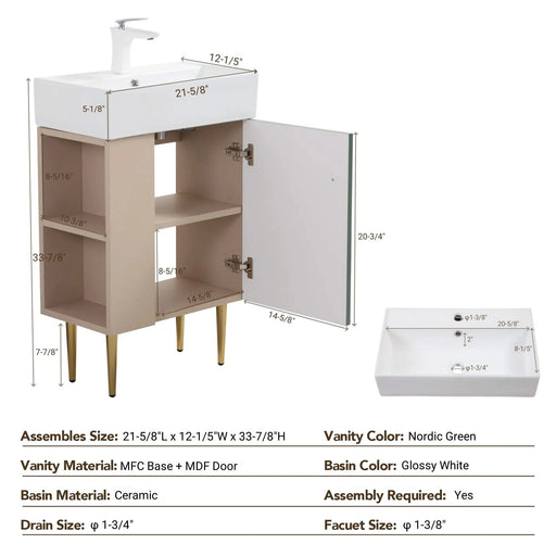 21.6' Open-shelving Bathroom Vanity with Ceramic Sink and Soft-Closing Door, Cloakroom Open Shelf Storage Cabinet on the Left Side, Assembly Required, Green 24VB06-21LVL***CONTACT SELLER FOR STOCK*** Default -DTYStore