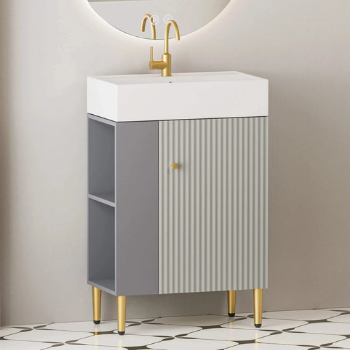 21.6' Open-shelving Bathroom Vanity with Ceramic Sink and Soft-Closing Door, Cloakroom Open Shelf Storage Cabinet on the Left Side, Assembly Required, Grey 24VB06-21MGL***CONTACT SELLER FOR STOCK*** Default -DTYStore