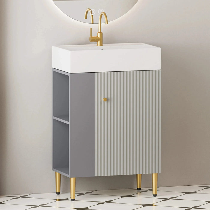 21.6' Open-shelving Bathroom Vanity with Ceramic Sink and Soft-Closing Door, Cloakroom Open Shelf Storage Cabinet on the Left Side, Assembly Required, Grey 24VB06-21MGL***CONTACT SELLER FOR STOCK*** Default -DTYStore