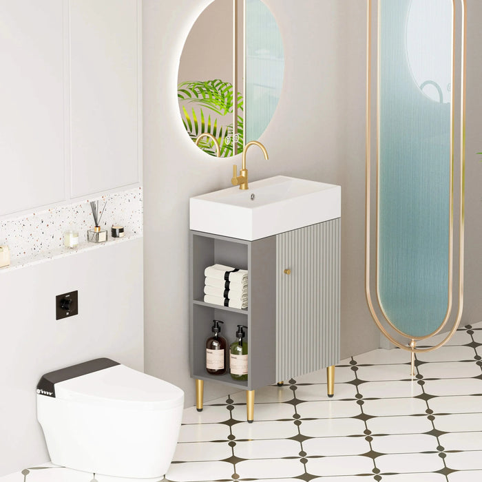 21.6' Open-shelving Bathroom Vanity with Ceramic Sink and Soft-Closing Door, Cloakroom Open Shelf Storage Cabinet on the Left Side, Assembly Required, Grey 24VB06-21MGL***CONTACT SELLER FOR STOCK*** Default -DTYStore