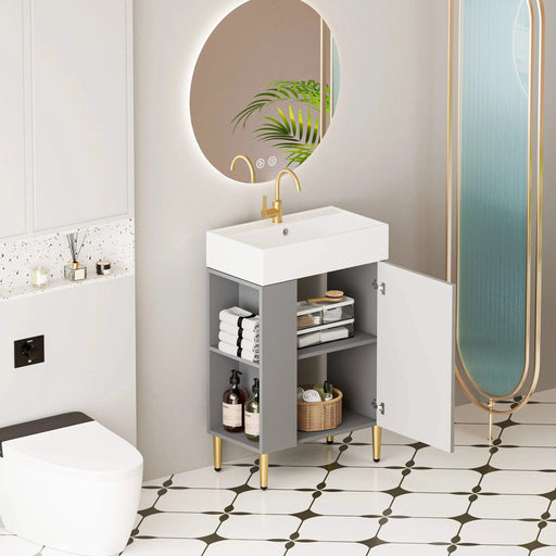 21.6' Open-shelving Bathroom Vanity with Ceramic Sink and Soft-Closing Door, Cloakroom Open Shelf Storage Cabinet on the Left Side, Assembly Required, Grey 24VB06-21MGL***CONTACT SELLER FOR STOCK*** Default -DTYStore