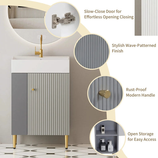 21.6' Open-shelving Bathroom Vanity with Ceramic Sink and Soft-Closing Door, Cloakroom Open Shelf Storage Cabinet on the Left Side, Assembly Required, Grey 24VB06-21MGL***CONTACT SELLER FOR STOCK*** Default -DTYStore