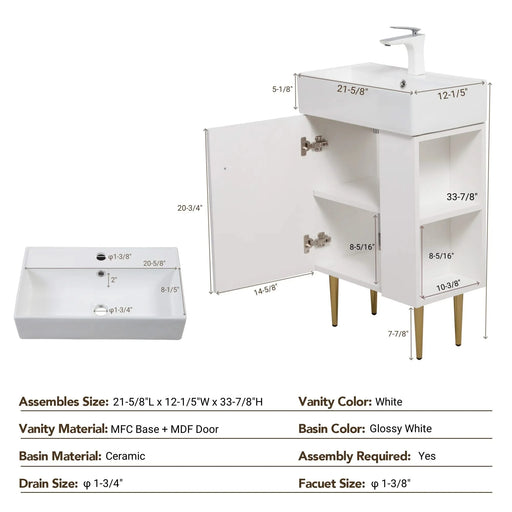 21.6' Open-shelving Bathroom Vanity with Ceramic Sink and Soft-Closing Door, Cloakroom Open Shelf Storage Cabinet on the Right Side, Assembly Required, White 24VB06-21WHR***CONTACT SELLER FOR STOCK*** Default -DTYStore